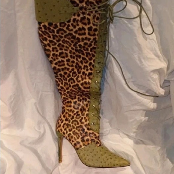 Shoes - Leopard and Olive Lace-Up Heeled Boots